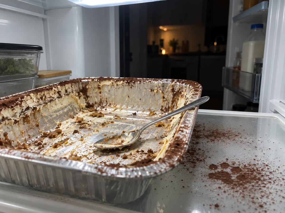 Una bandeja de aluminio vacía y raspada en una repisa de la nevera de noche, con una cuchara adentro y cacao en polvo regado por la repisa