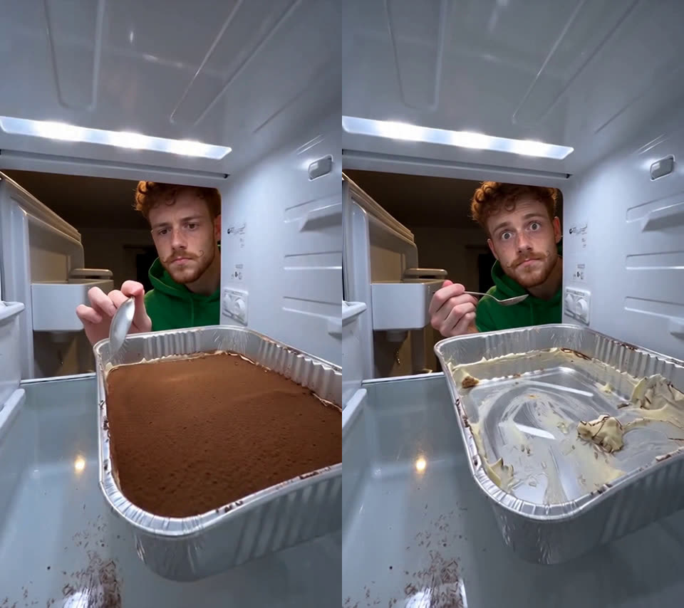 La misma repisa de la nevera con diez segundos de diferencia: una bandeja llena de tiramisú, y luego el aluminio raspado y una mirada inocente